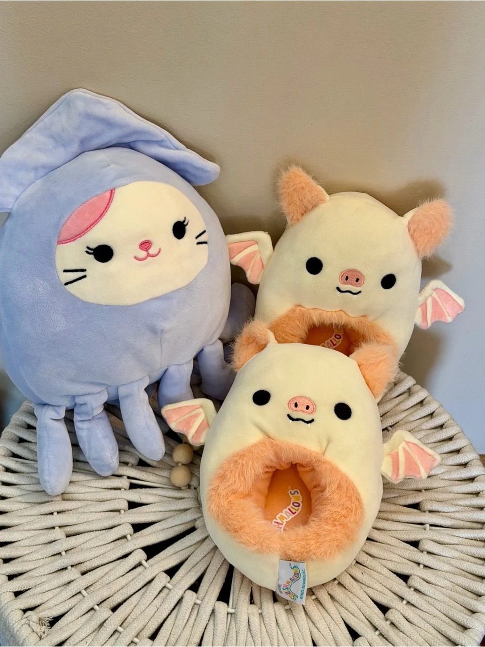Squishmallows Meghan Yellow Bat Slippers Karina the Cat in Stacy Squid Costume